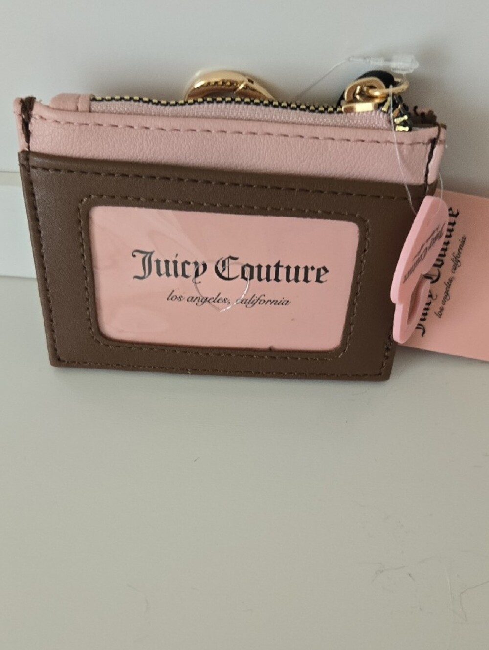 Juicy Couture Brown Logo Card Case with Pink Trim and Gold Heart Charm - Picture 2 of 3